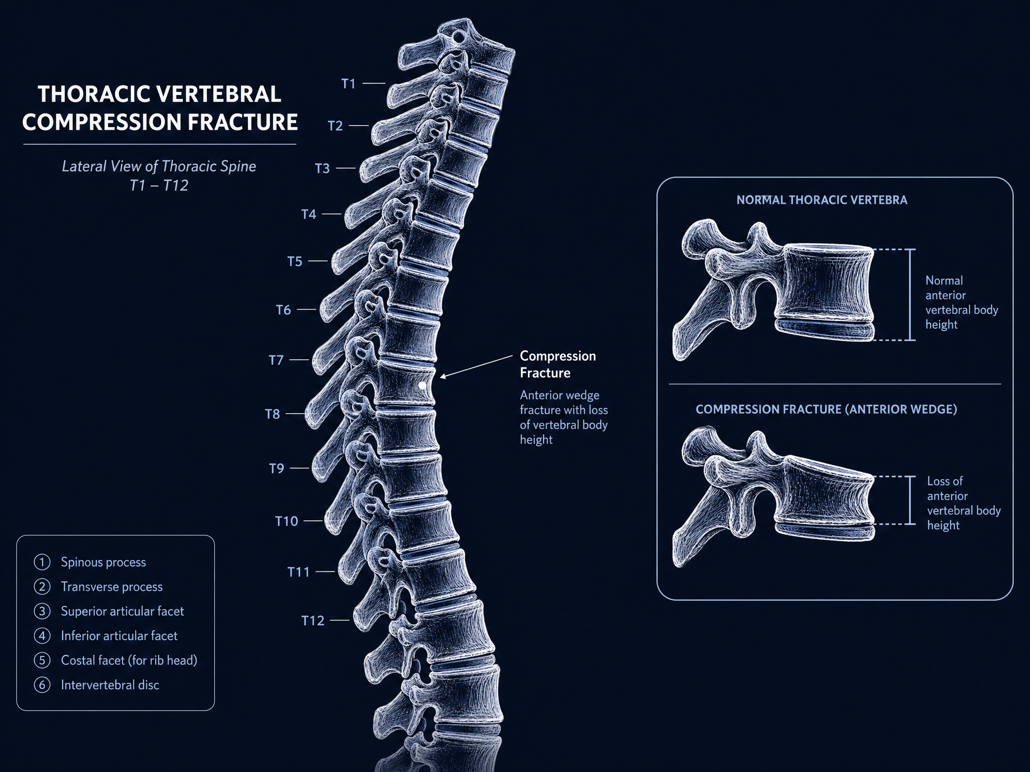 Dark labeled teaching diagram of the thoracic spine T1 to T12 with a mid-level vertebra showing an anterior wedge compression fracture and loss of body height