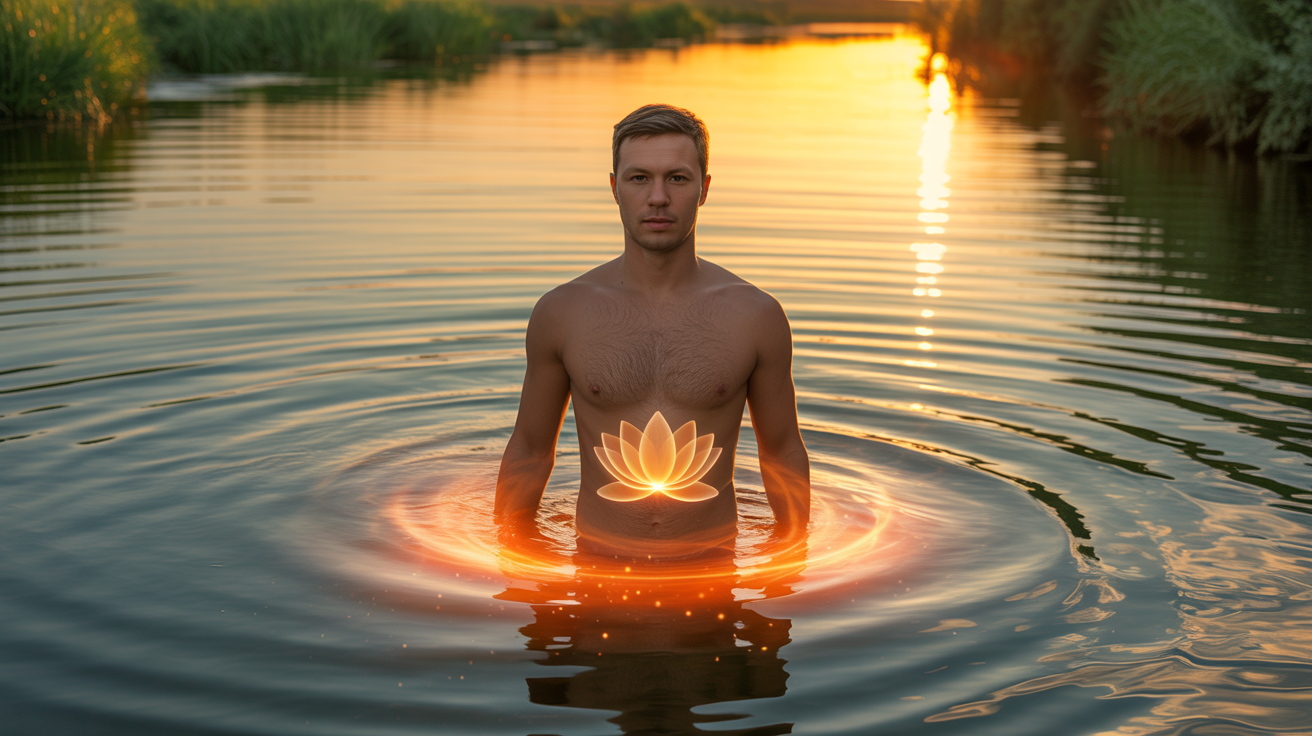 Muškarac u reci sa narandžastim šestolatičnim lotosom ispod pupka i narandžastim odrazima u vodi