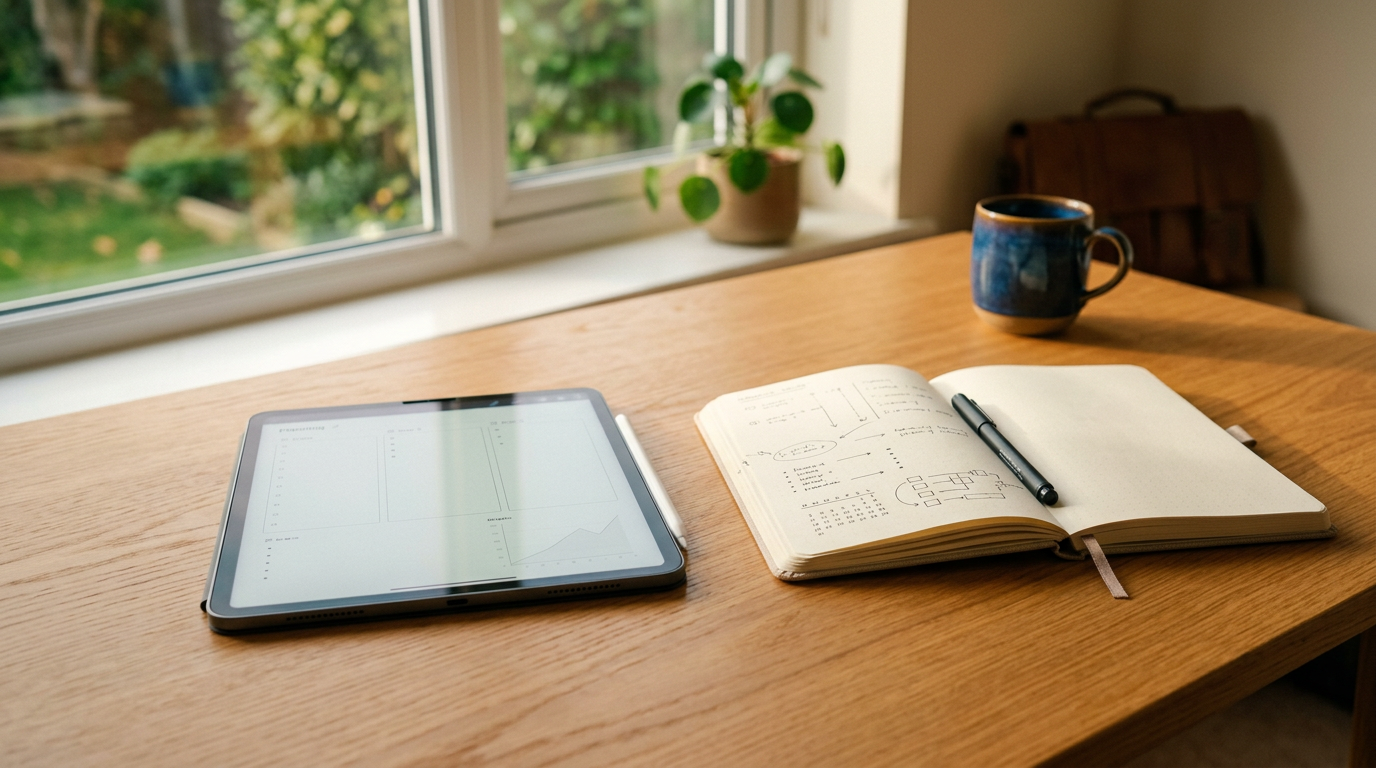 Tablet e caderno lado a lado comparando ferramentas analógicas e digitais