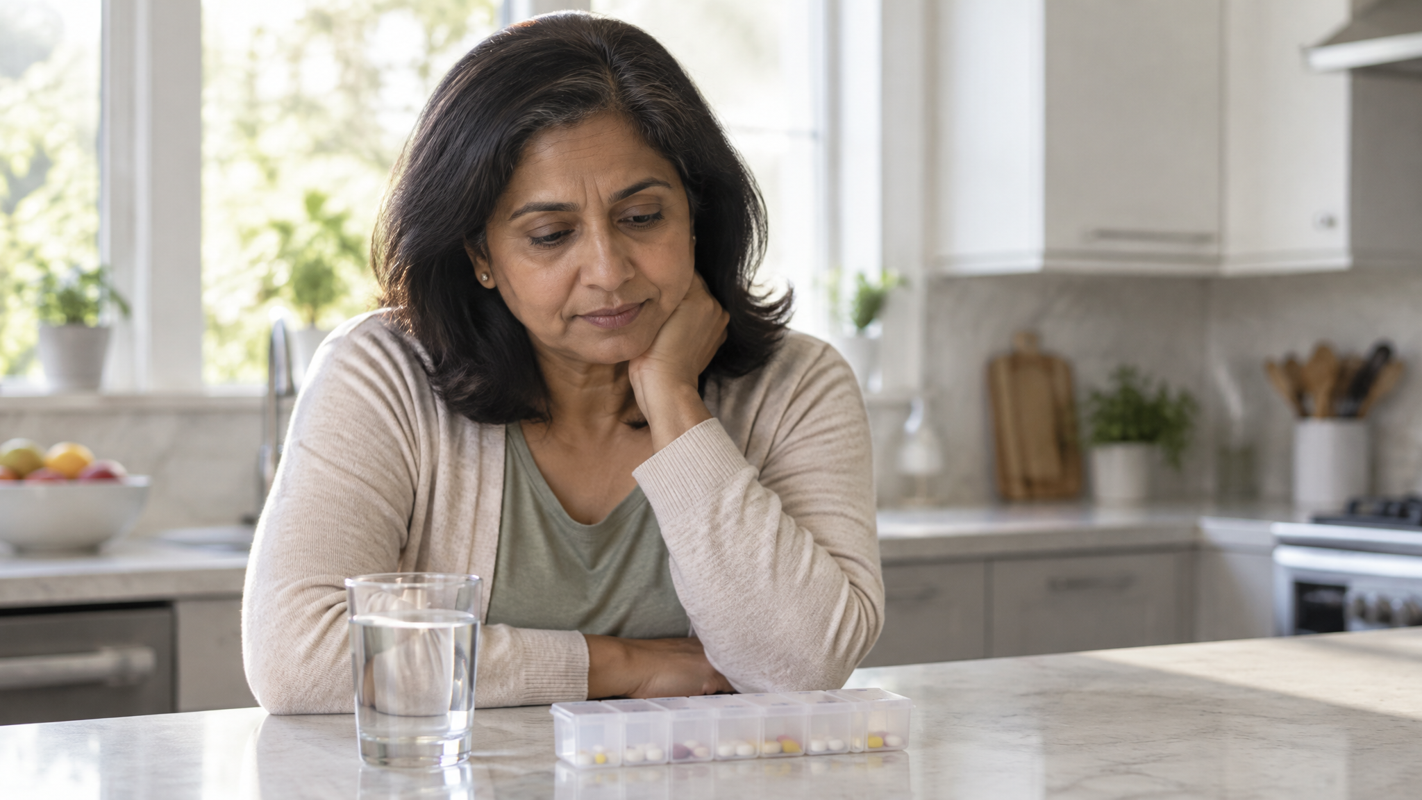 A woman veteran around fifty at her kitchen counter looking at a pill organizer and a glass of water