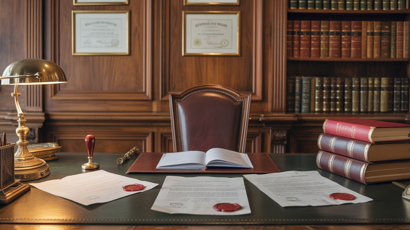 French notary office with legal documents, wax seal, and leather-bound books representing trust registration