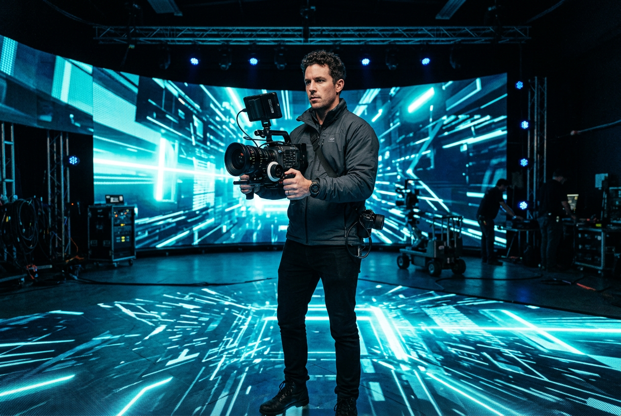Modern indie filmmaker with professional camera on virtual production LED stage with blue glow
