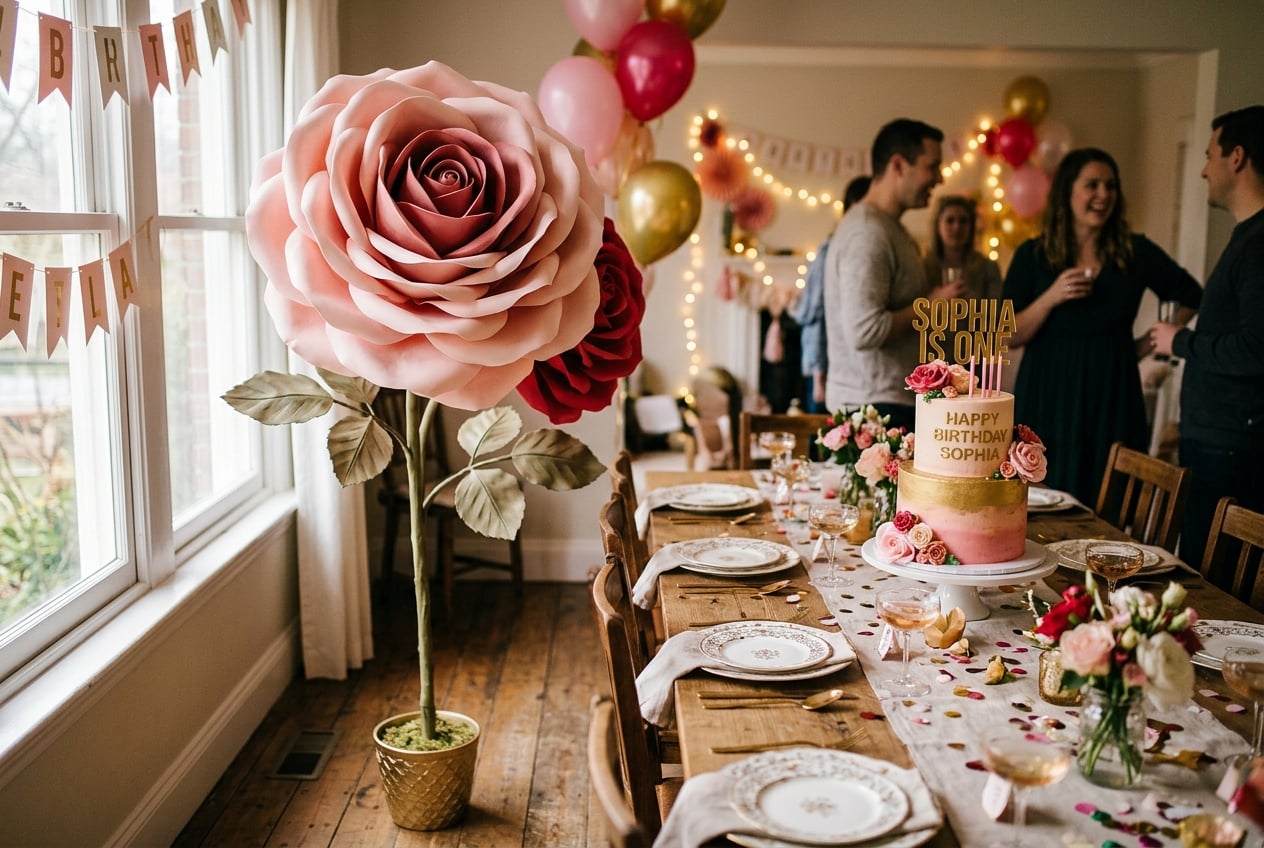 Giant freestanding Garden Rose foam flower next to birthday cake and party decorations