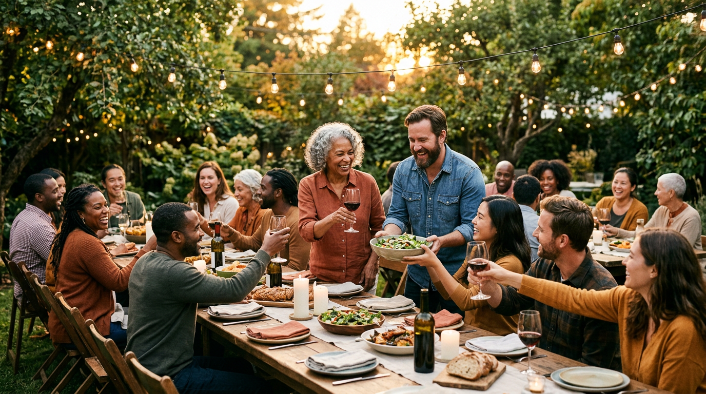 Friends gathering at a long outdoor table