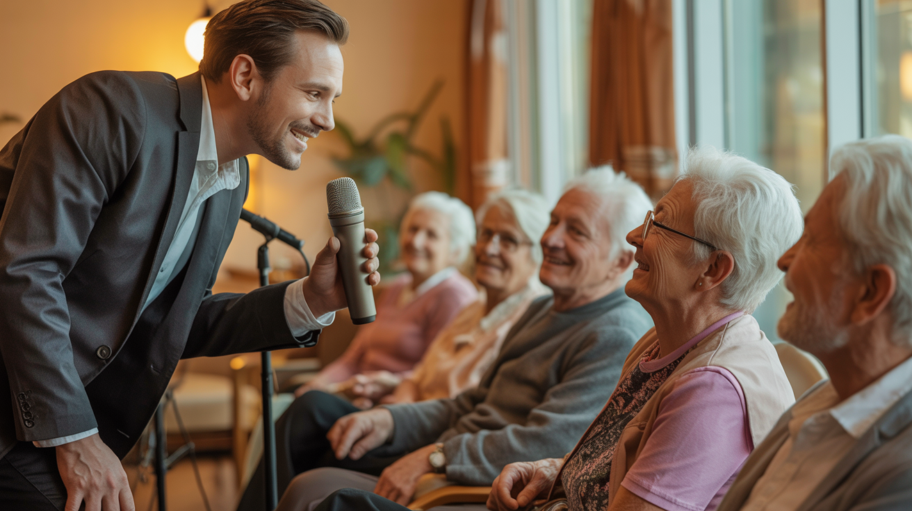 Professional performer engaging with seniors