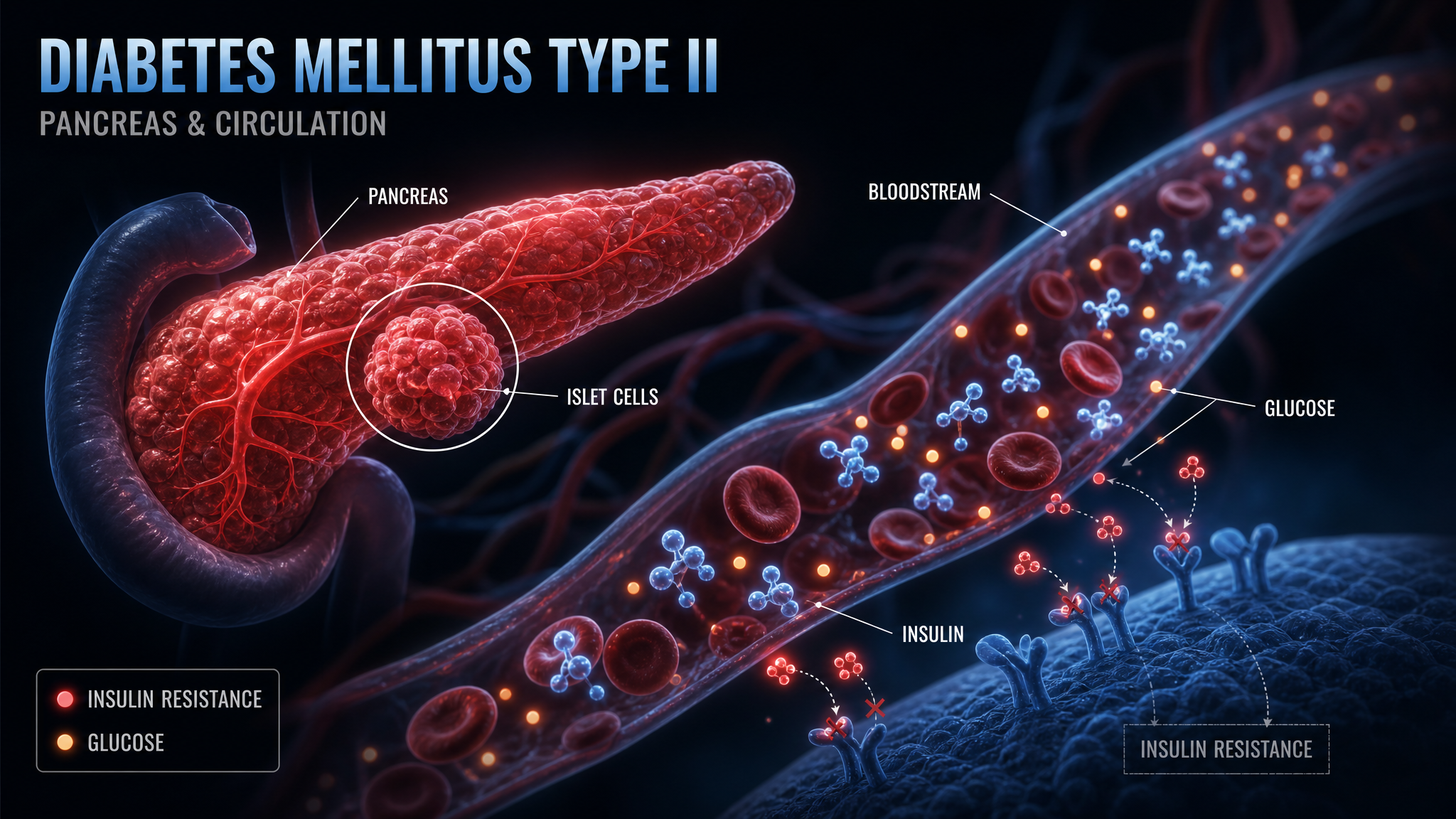 Diagram of the pancreas and circulation showing insulin resistance in type II diabetes