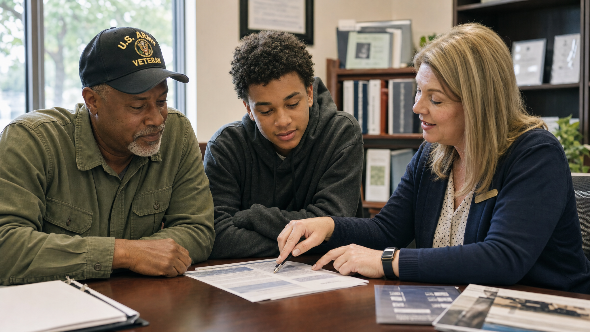 An education-benefits advisor helping a veteran and their dependent understand GI Bill paperwork