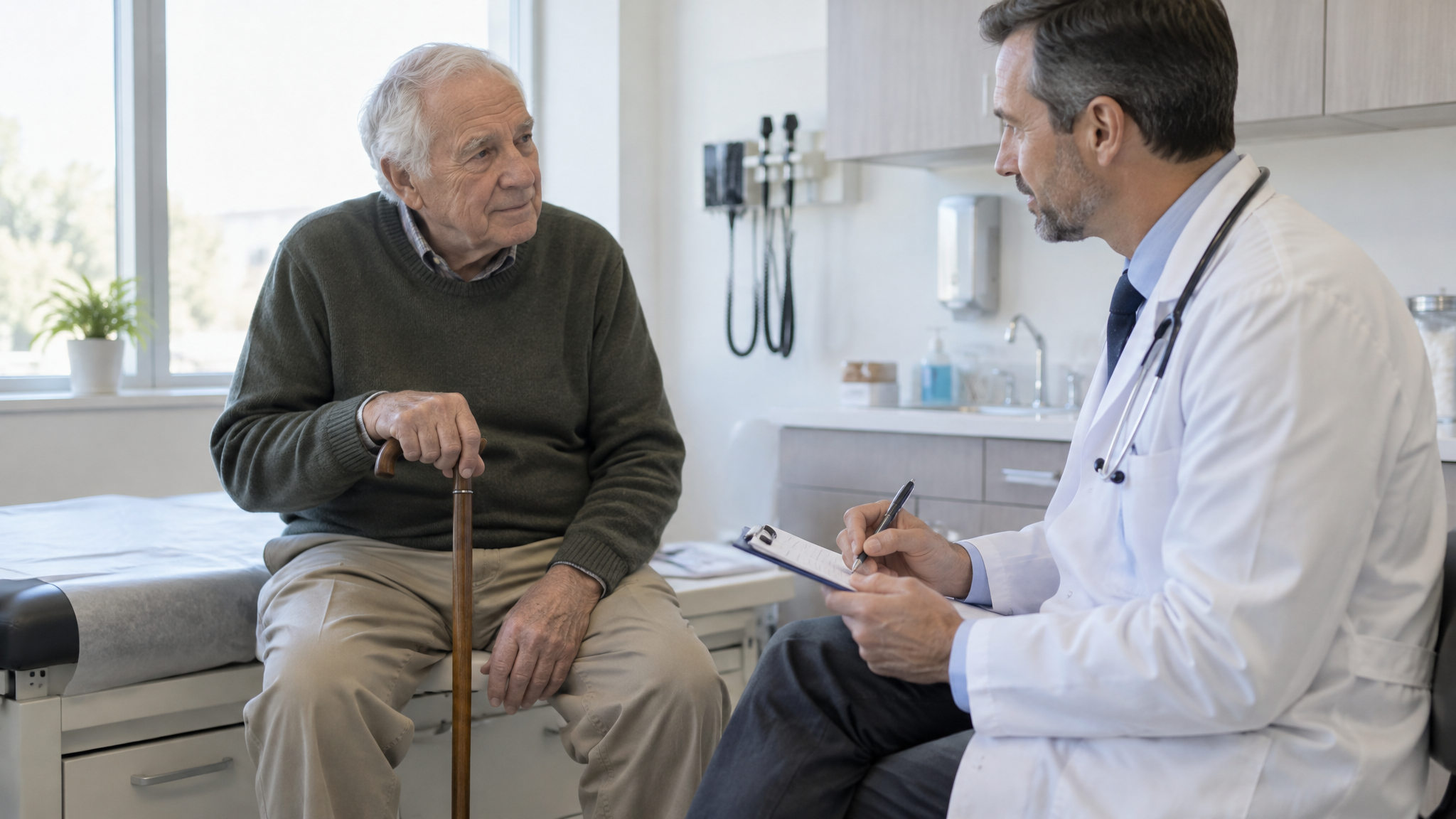 An older veteran with a cane talking with his doctor in a bright exam room