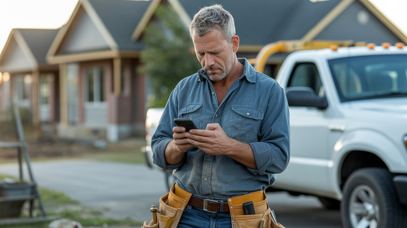 American contractor on a residential job site staring at his phone with a frustrated look after missing an important call
