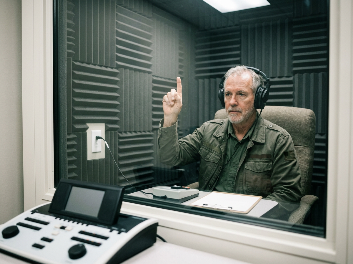 A veteran seated in a sound booth wearing audiometry headphones, raising a finger to signal that a tone was heard