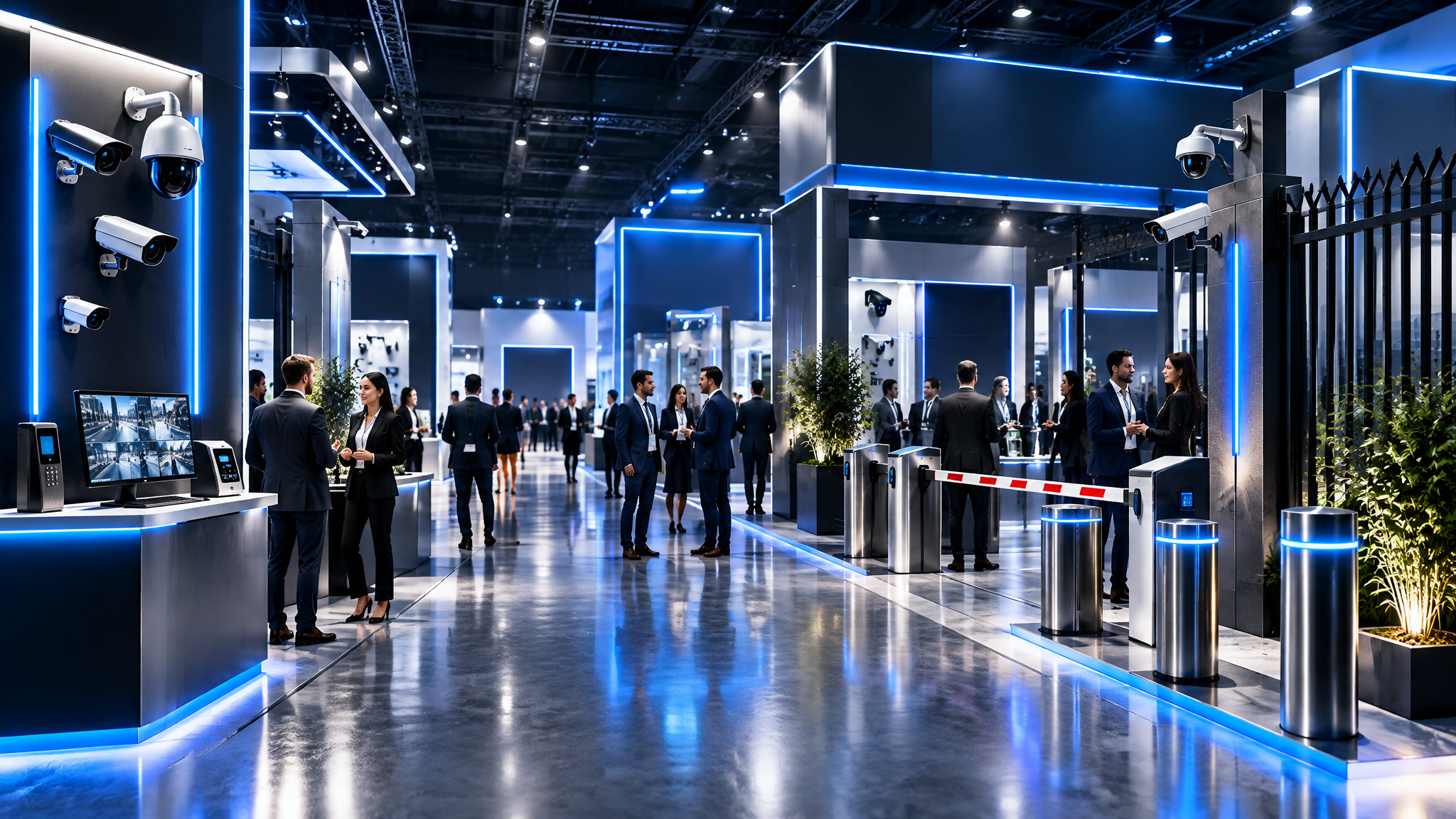 Expo hall with security exhibits under blue lighting