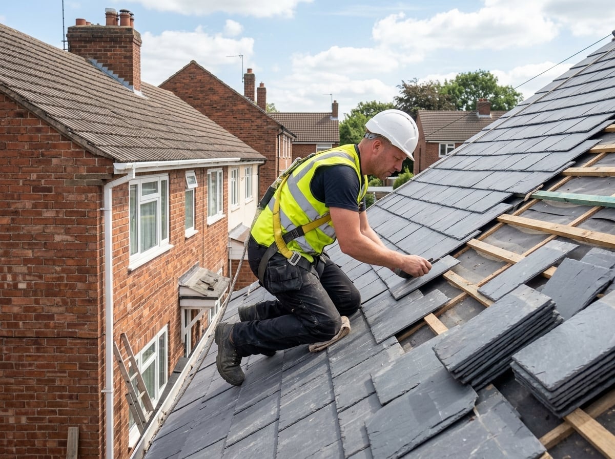 Professional roofer at work on a residential roof
