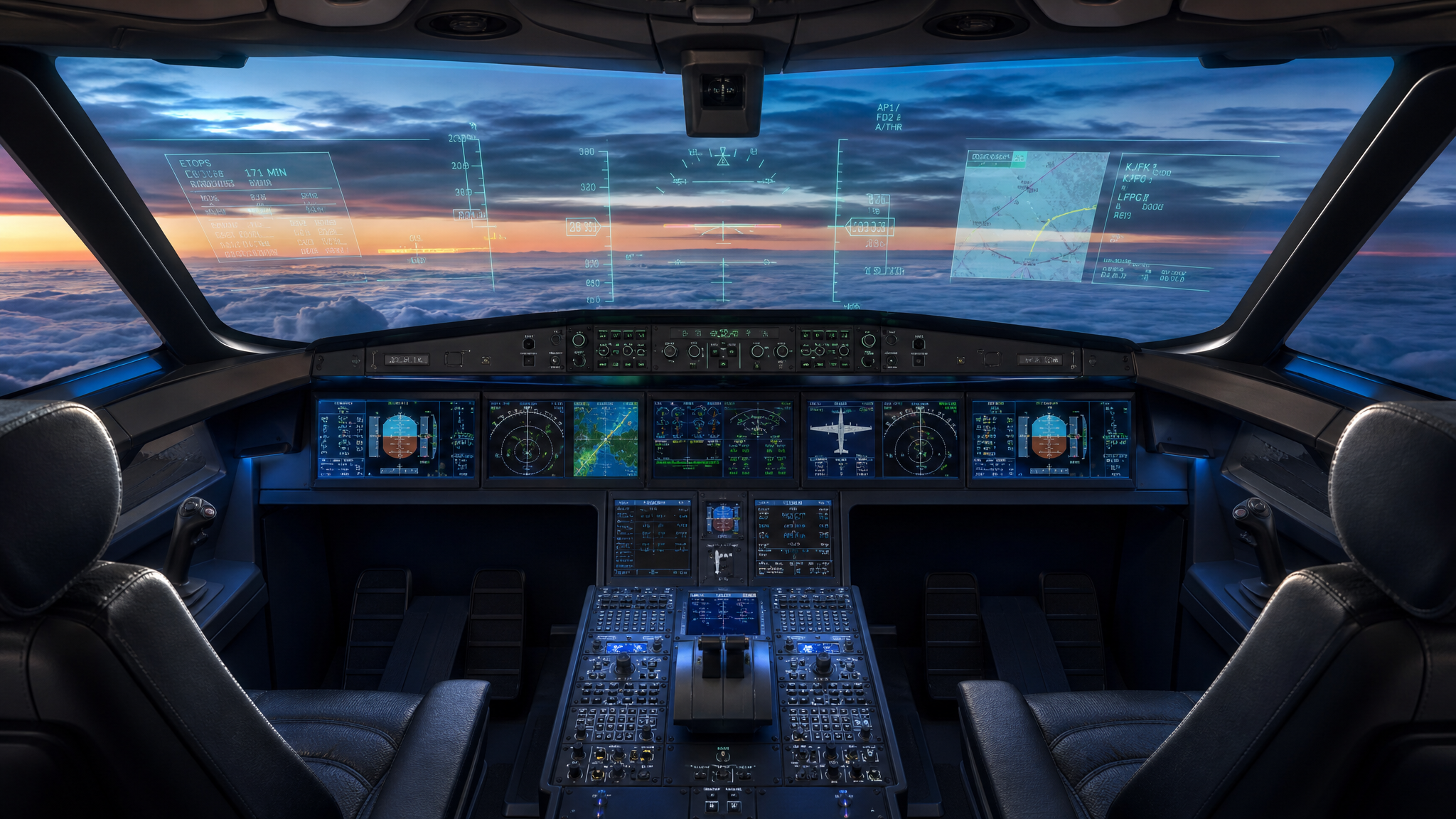 Advanced aircraft cockpit with transparent HUD showing flight data