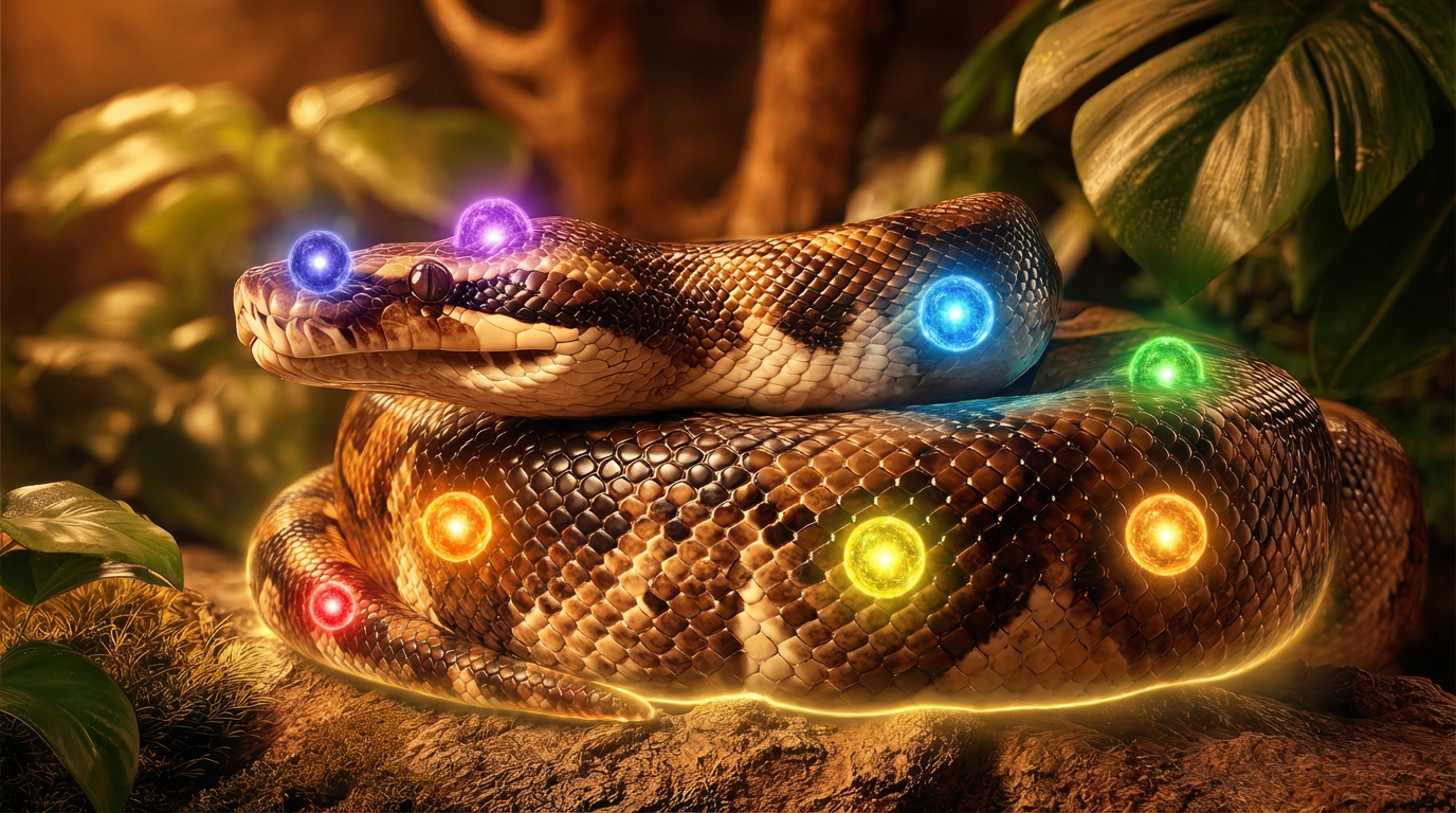 Zmija sa vidljivim čakrama duž celog tela. Čakre kod zmije kundalini energija zmija čakre transformacija energija životinja