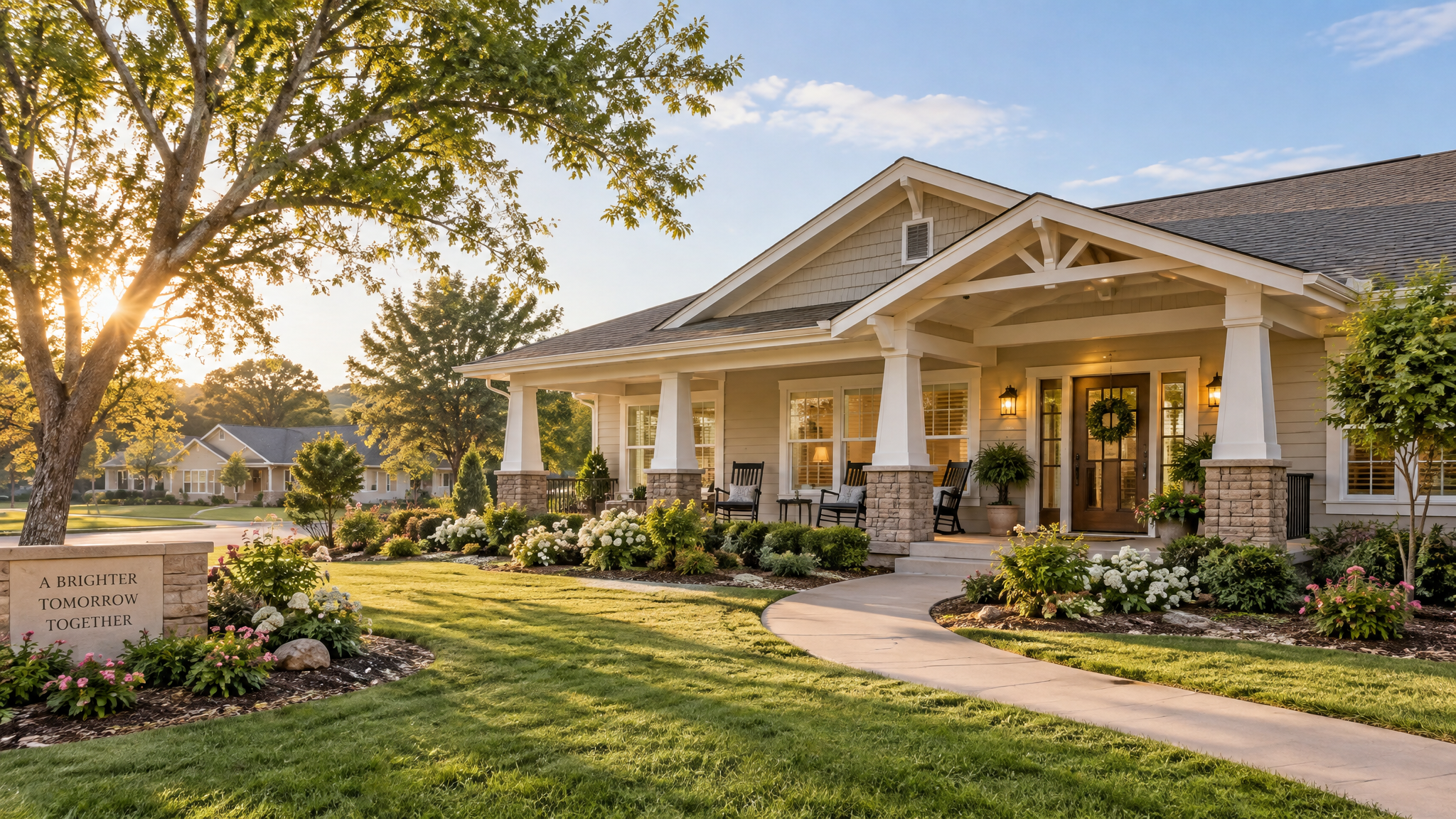 Warm, welcoming residential care home with green landscaping