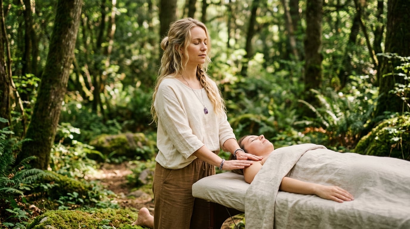 Blonde healer performing energy healing in a serene natural setting