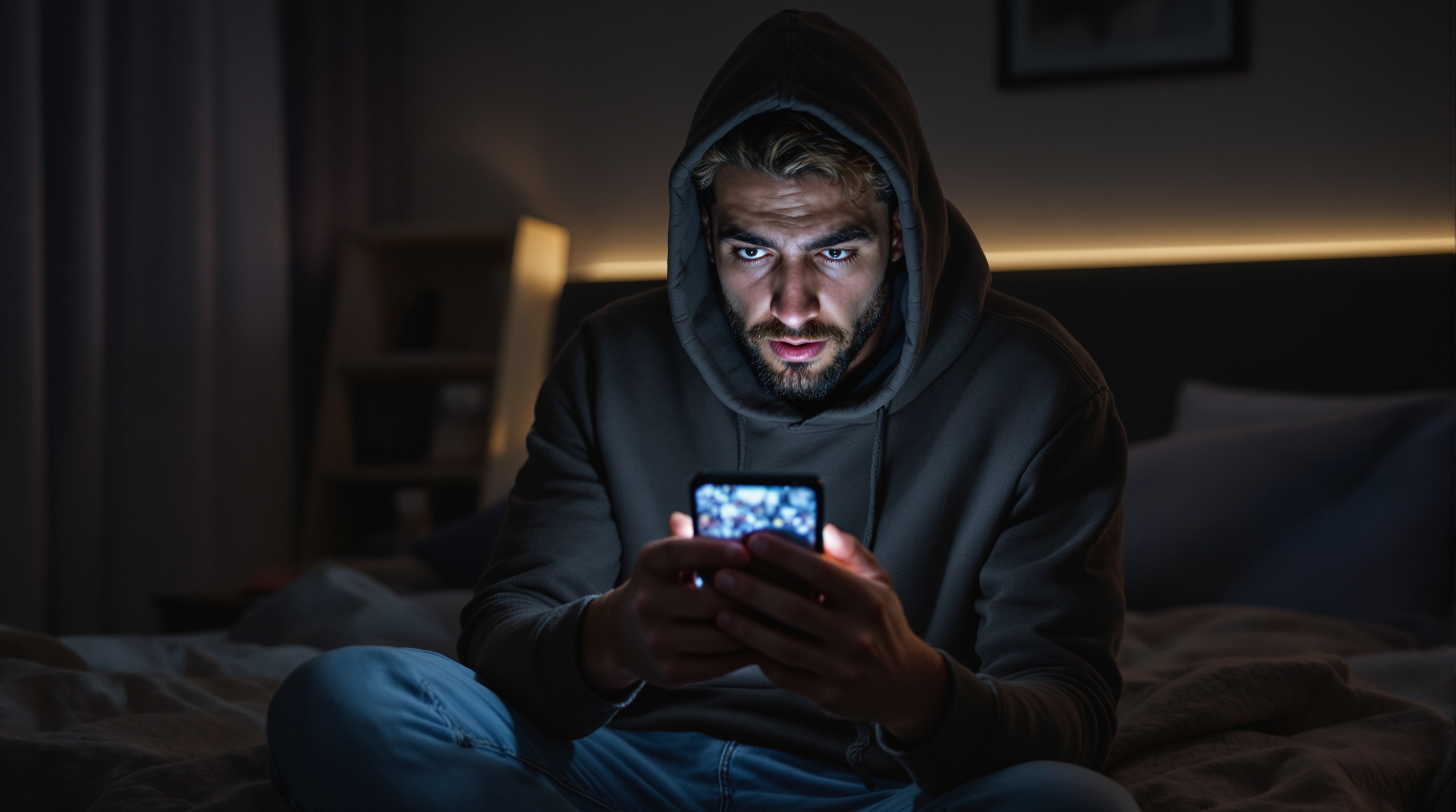 Man using smartphone late at night in a dark room, illuminated by screen light, appearing anxious and focused