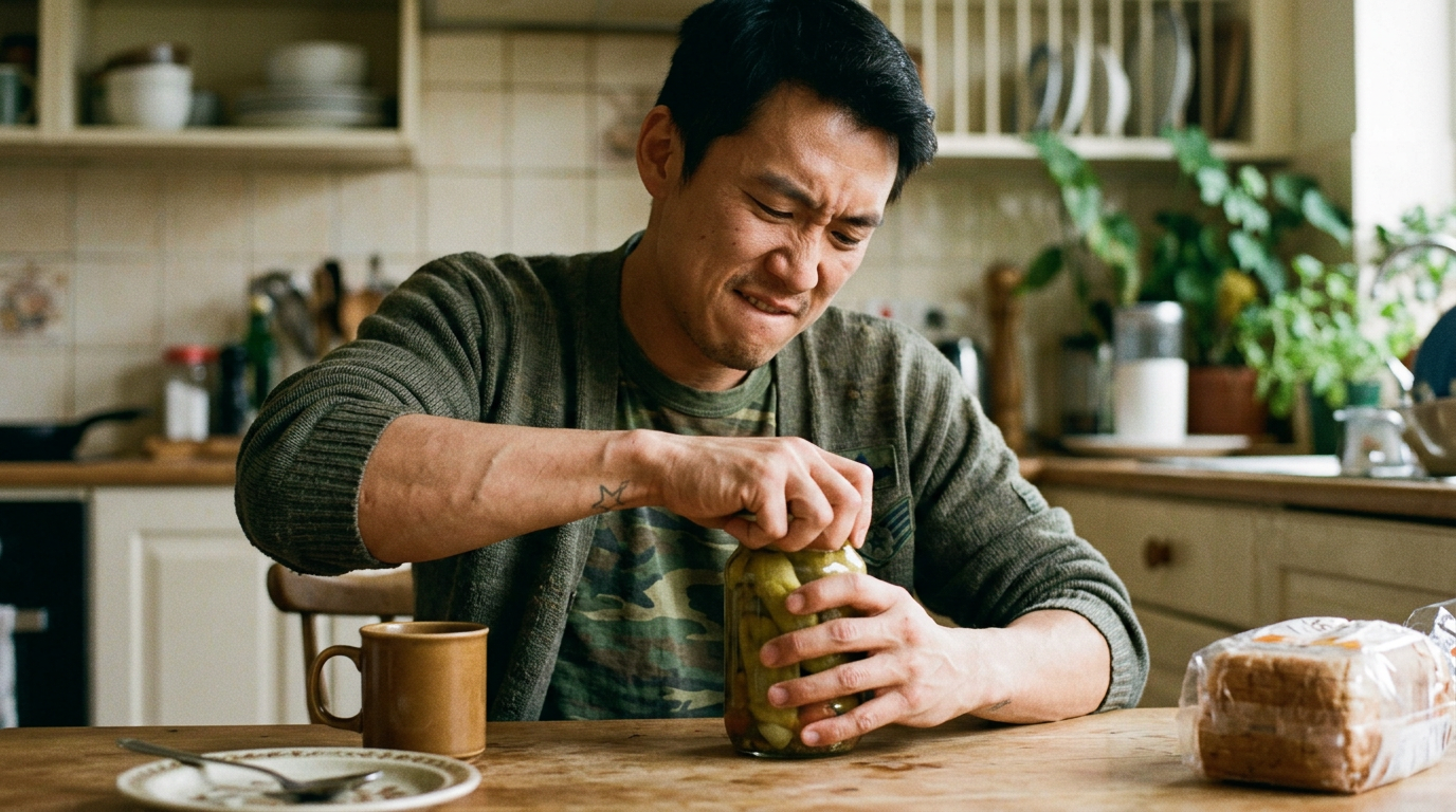 An East Asian male veteran struggling to open a jar at a kitchen table, wincing from wrist pain and weak grip