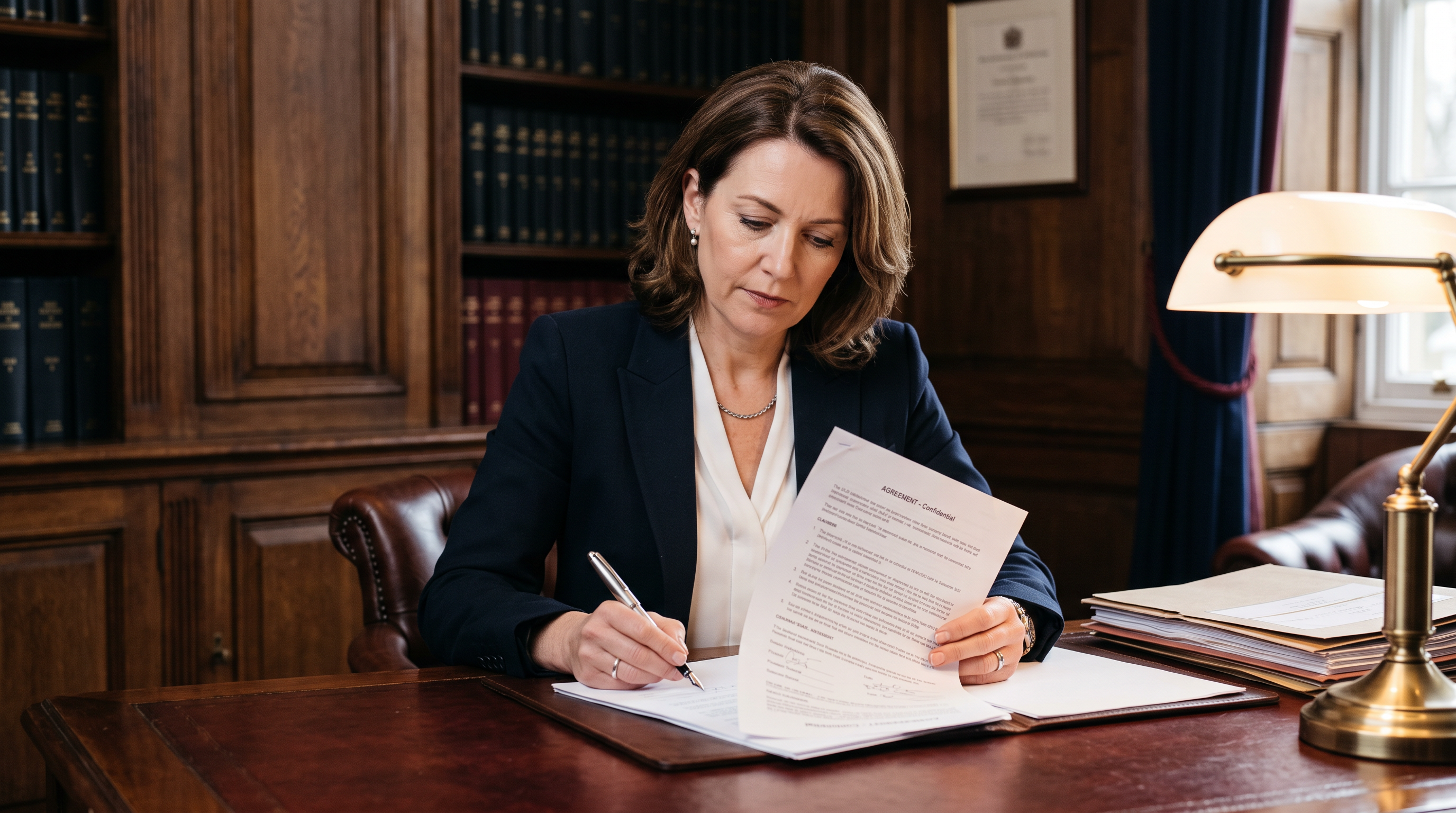 UK solicitor reviewing a legal contract with a fountain pen in a law office