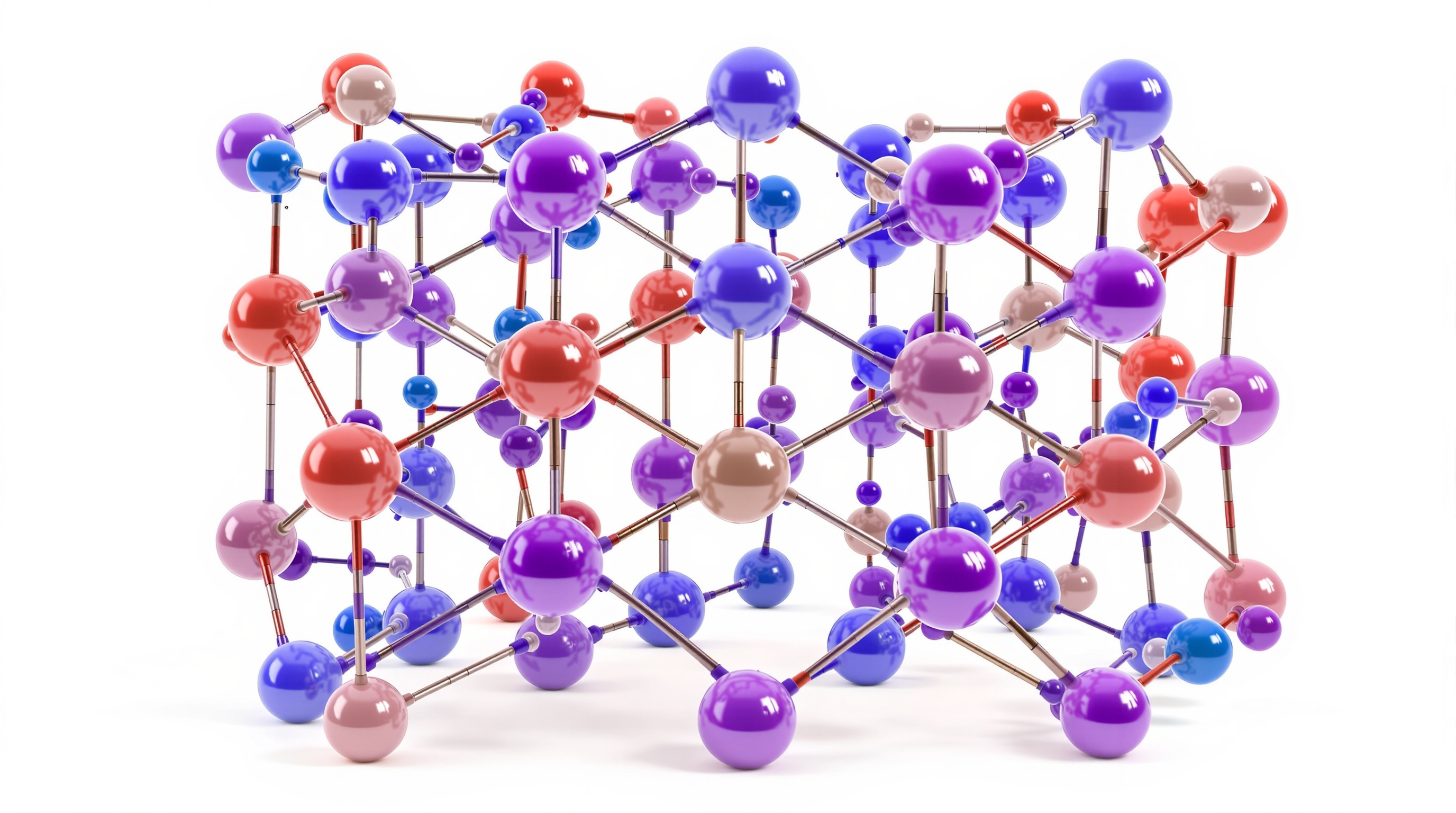 Rendu 3D scientifique de la structure cristalline du pérovskite Cs₃Bi₂I₉ montrant les atomes de bismuth (violet), césium (bleu) et iode (rouge)