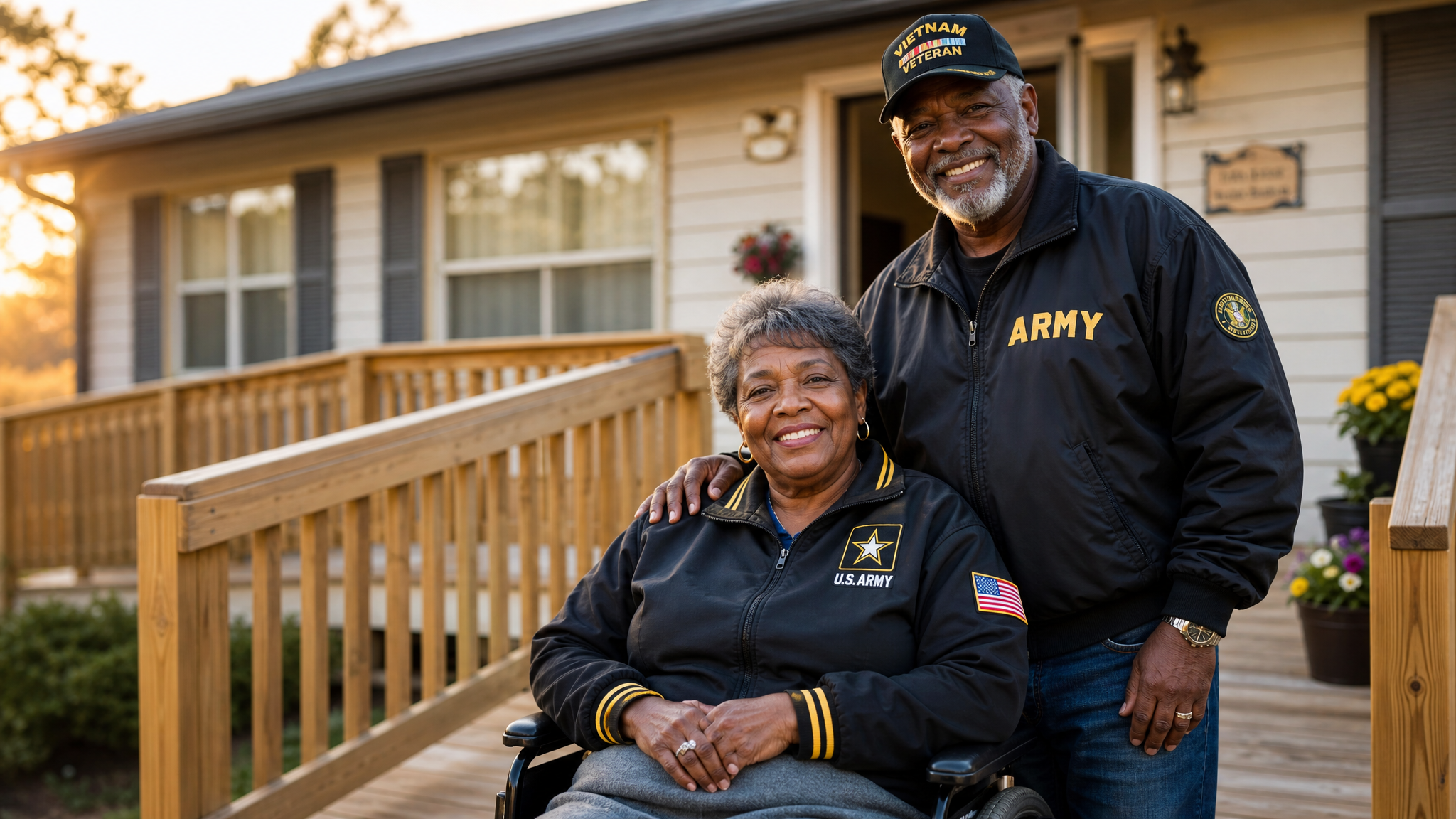 A senior Black female veteran using a wheelchair beside a new ramp at her home, with her spouse