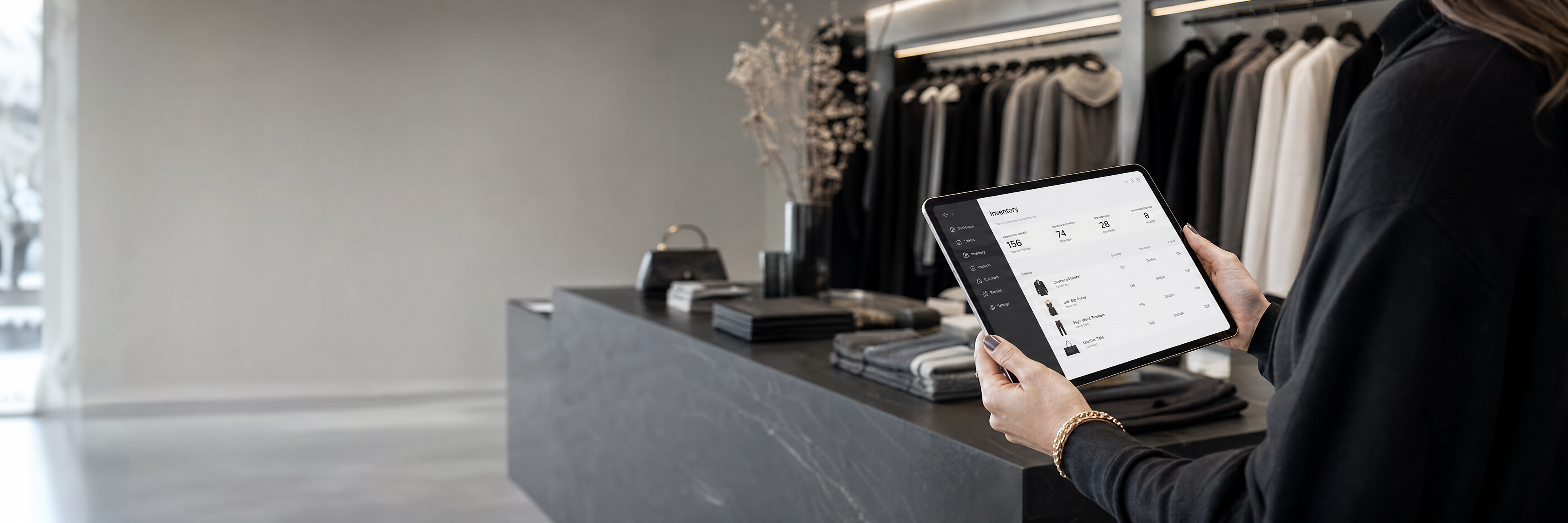 Dueña de boutique gestionando inventario con una tablet en un espacio minimalista
