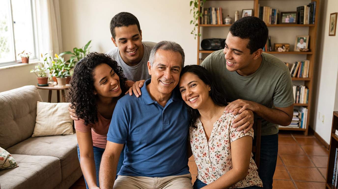 Foto: Carlos com a família, sorrindo