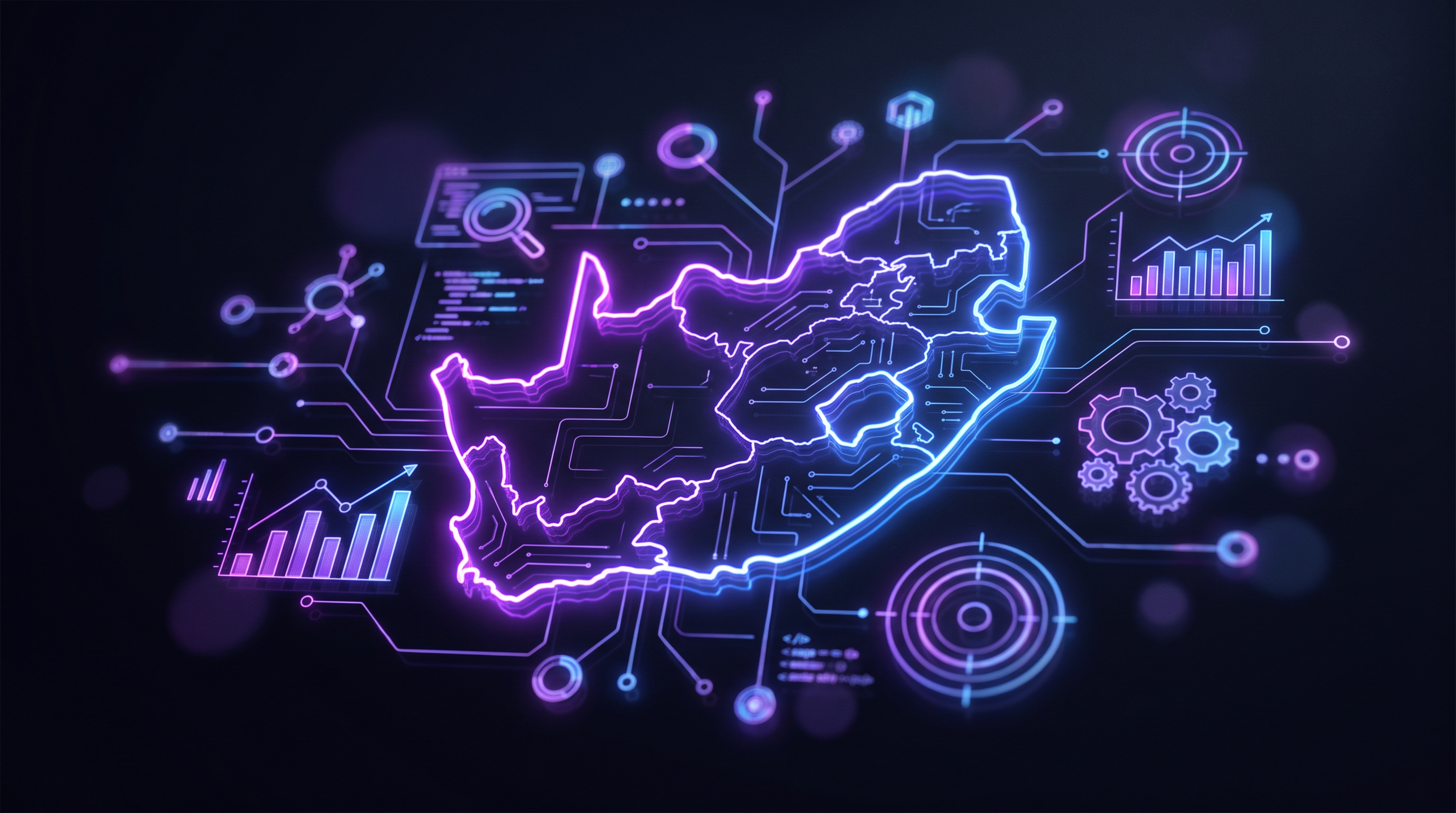 Stylised South Africa map connected to glowing marketing-channel nodes — search, analytics, engineering and ads