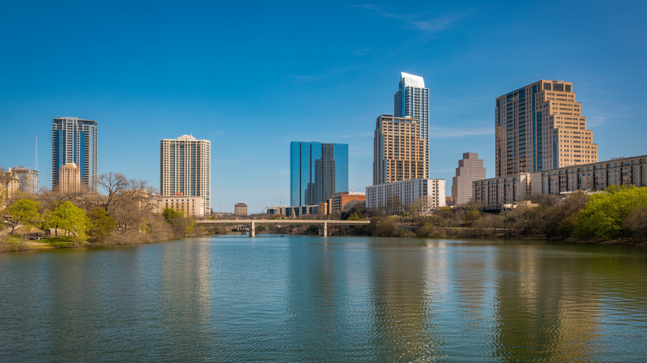 Downtown Austin Texas skyline with Lady Bird Lake on a sunny day