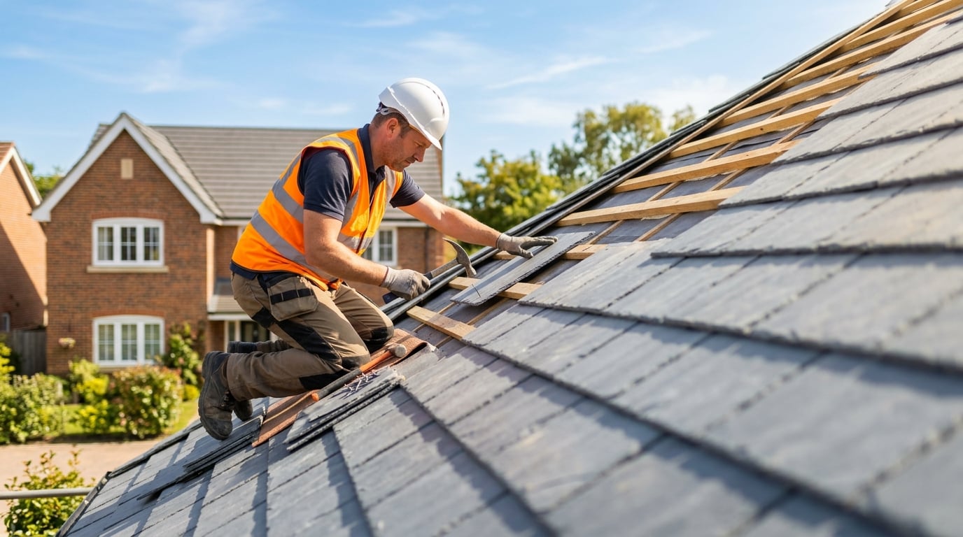 Professional roofer installing slate tiles on a pitched residential roof
