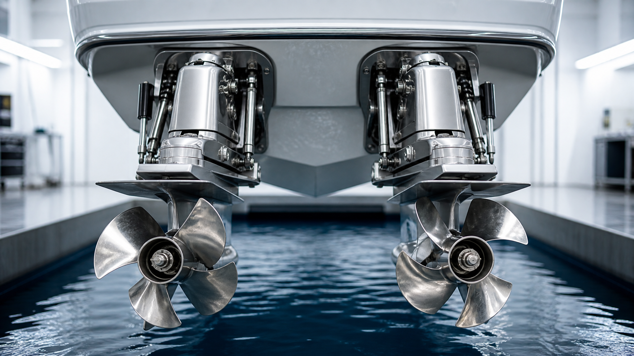 Twin marine sterndrives with standard and counter-rotation propeller configurations