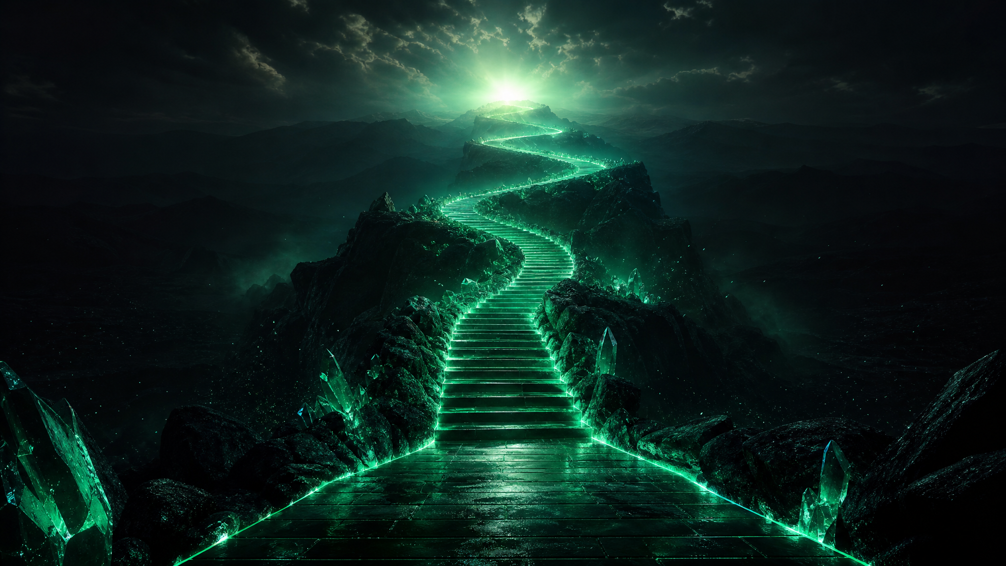 Rising emerald path of light toward a bright horizon