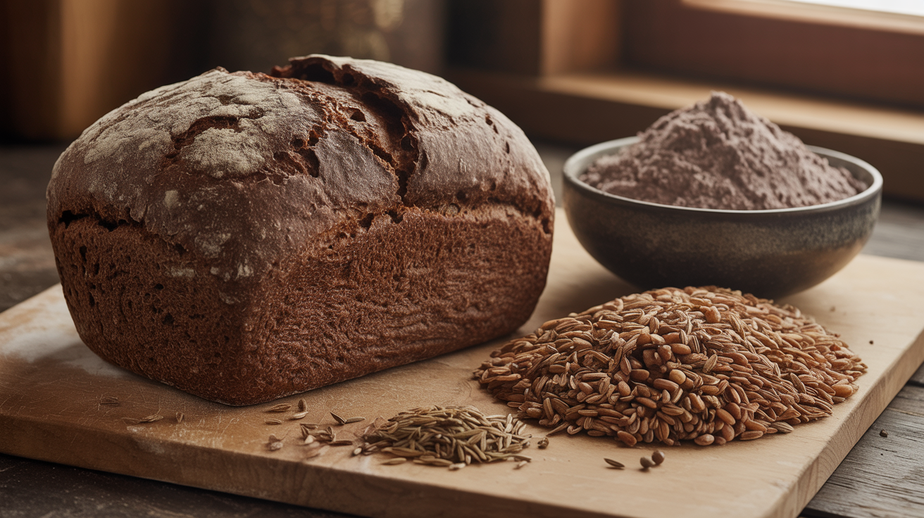 Dark, dense rye sourdough loaf with a cracked rustic top crust on a wooden cutting board, surrounded by whole rye grains, a small bowl of speckled dark rye flour, and scattered caraway seeds