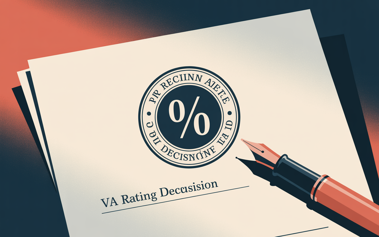 A VA disability rating decision letter with a pen resting on it