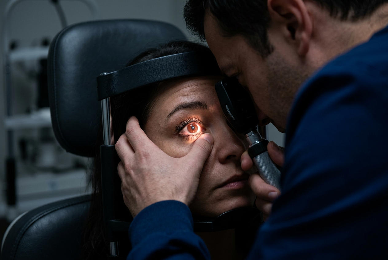 Clinician performing an ophthalmoscope examination shining a focused light into a patient dilated eye to screen for diabetic retinopathy in a dark clinical room