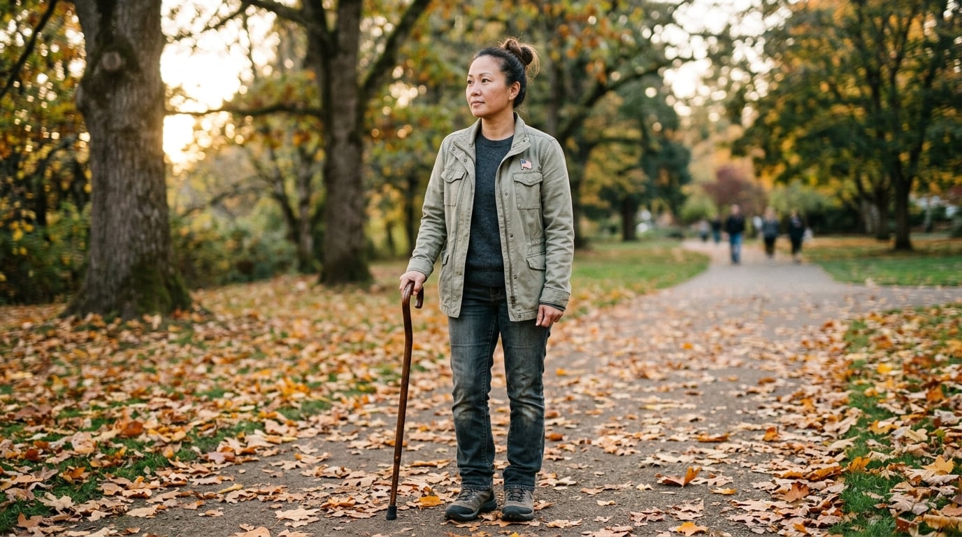 A woman veteran walking with a cane after a back injury