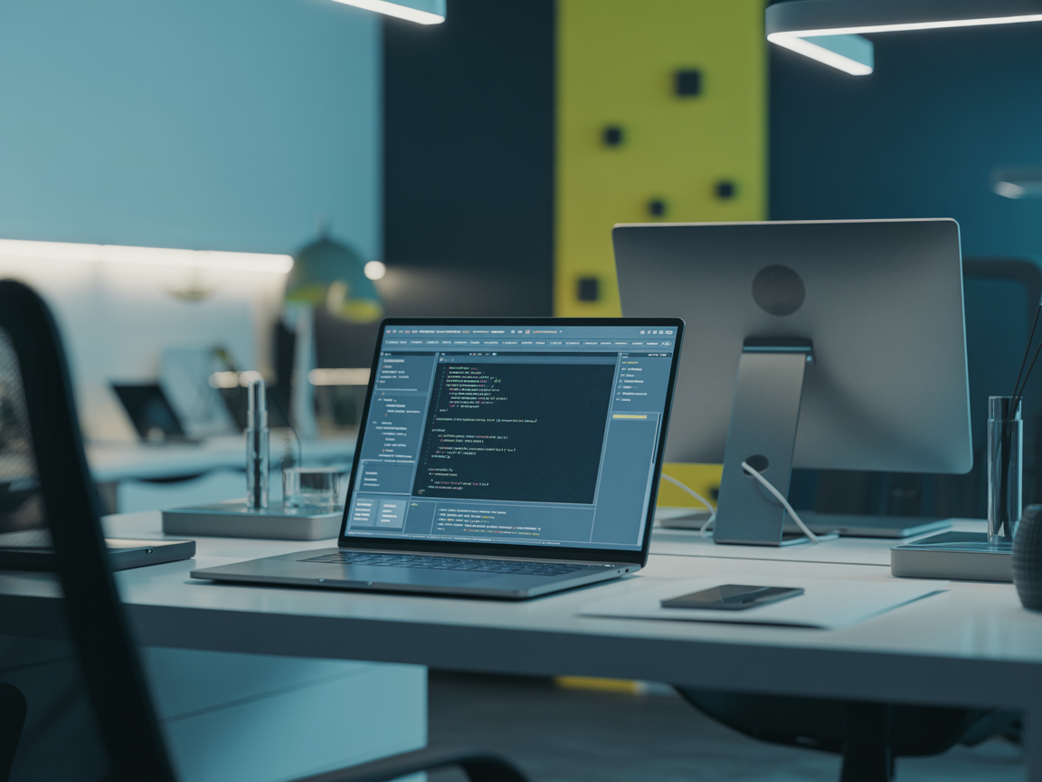 Modern professional workspace with laptop displaying code and web development tools