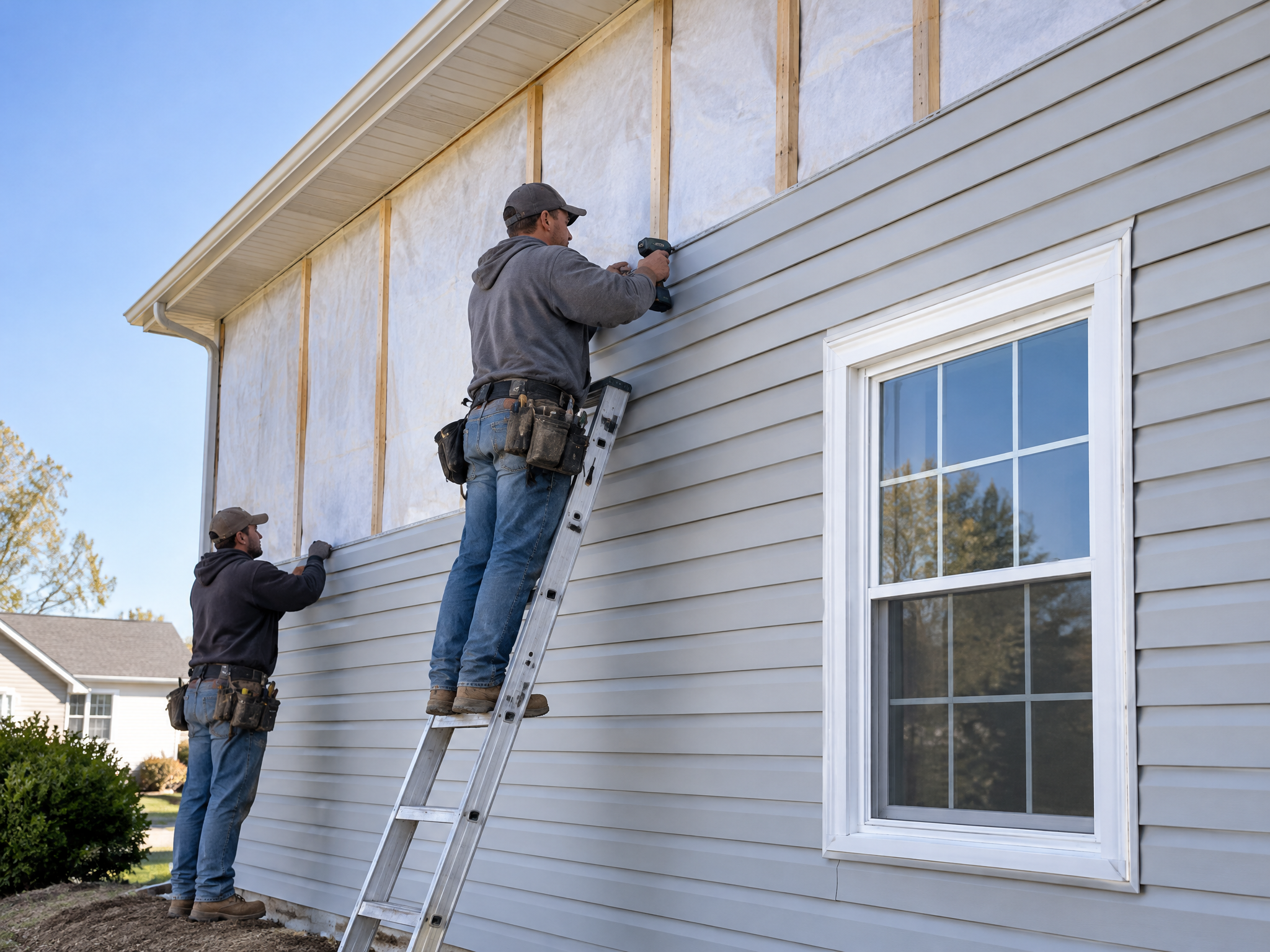 Fresh new siding being installed on home exterior