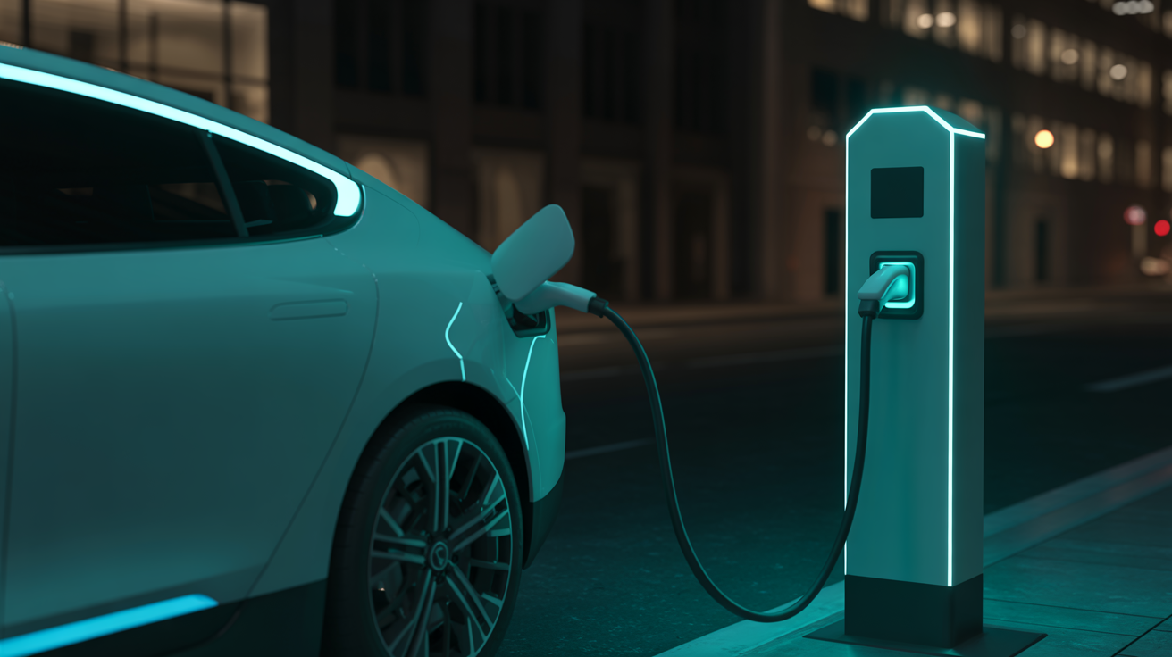 Electric vehicle being charged at night with neon cyan lighting