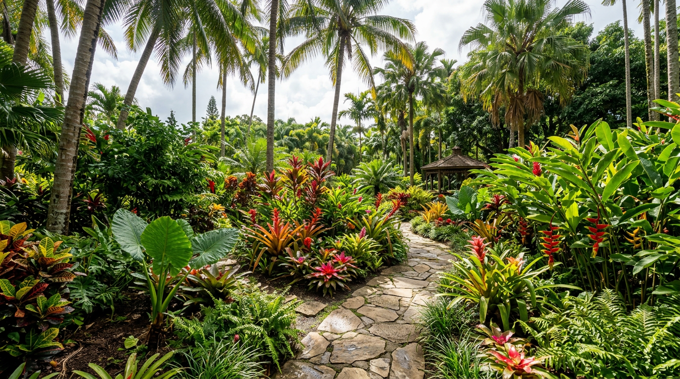 Jardim tropical com palmeiras e bromélias