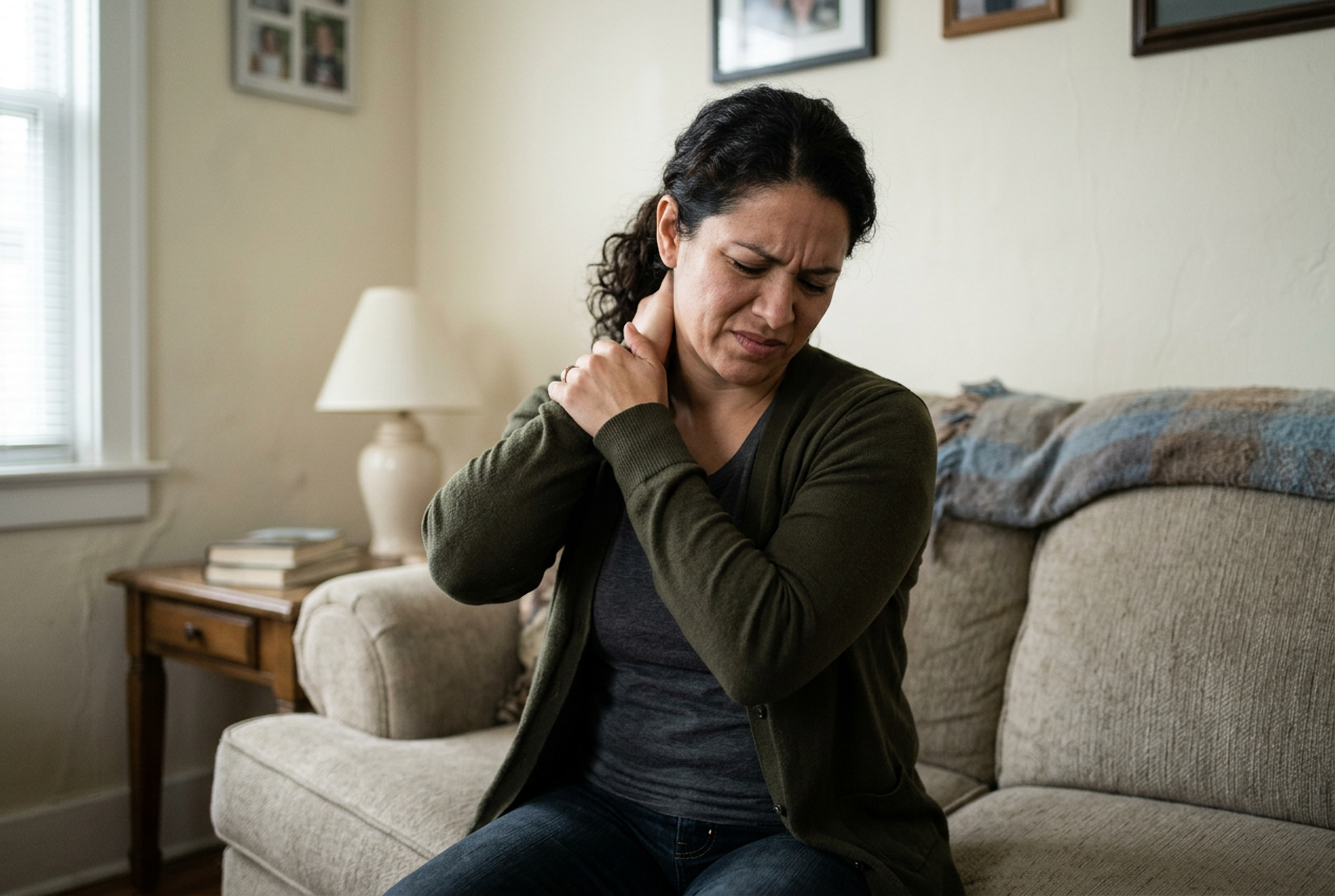 A woman veteran on a couch rubbing her tight neck and shoulders, wincing from muscle tension