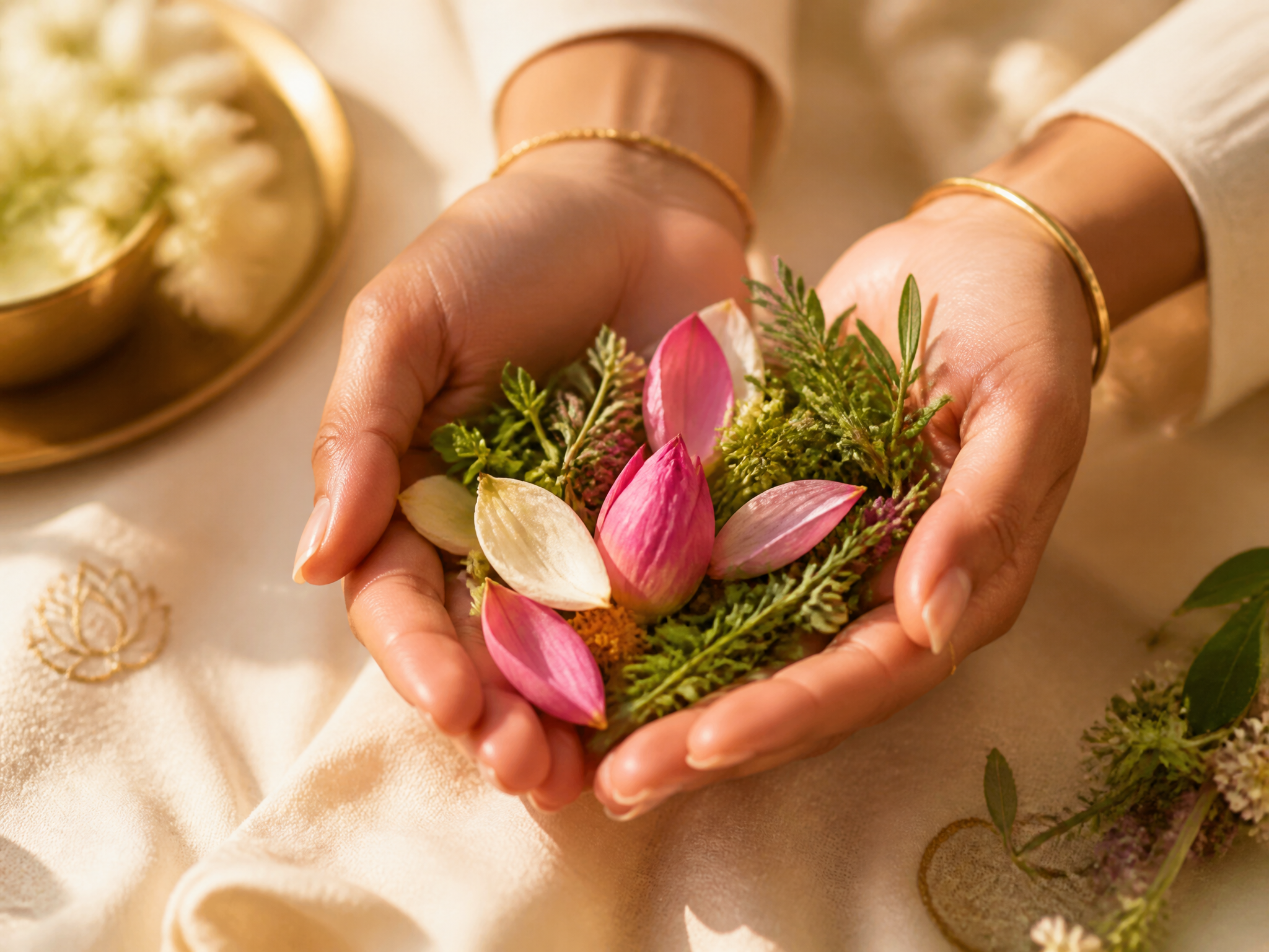 Hands cradling fresh flower petals and herbs over warm ivory linen in sunlight