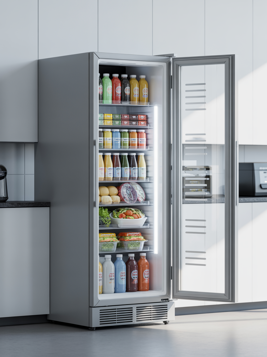 Smart glass-door cooler displaying fresh beverages and grab-and-go food items
