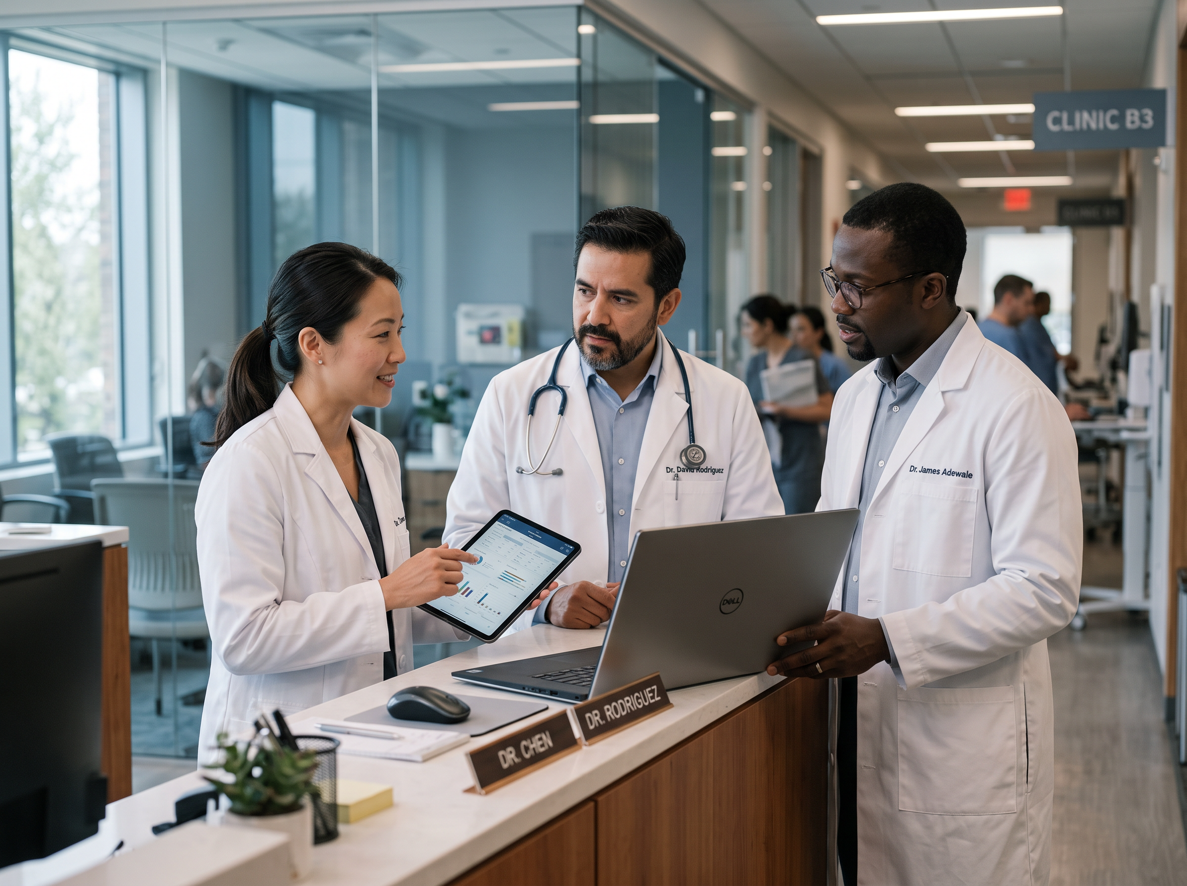 Three internal medicine physicians in white coats reviewing a patient chart together on a laptop in a modern clinic