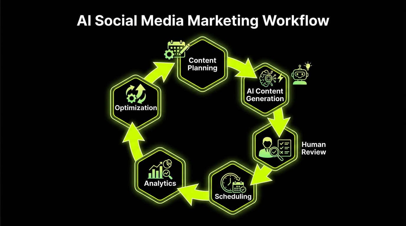 AI social media marketing workflow diagram showing content planning, AI generation, human review, scheduling, analytics, and optimization