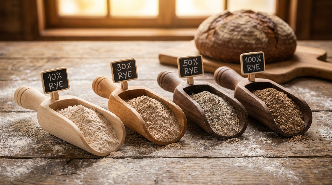 Four wooden scoops showing rye flour gradients from 10% to 100% on a rustic bakery counter