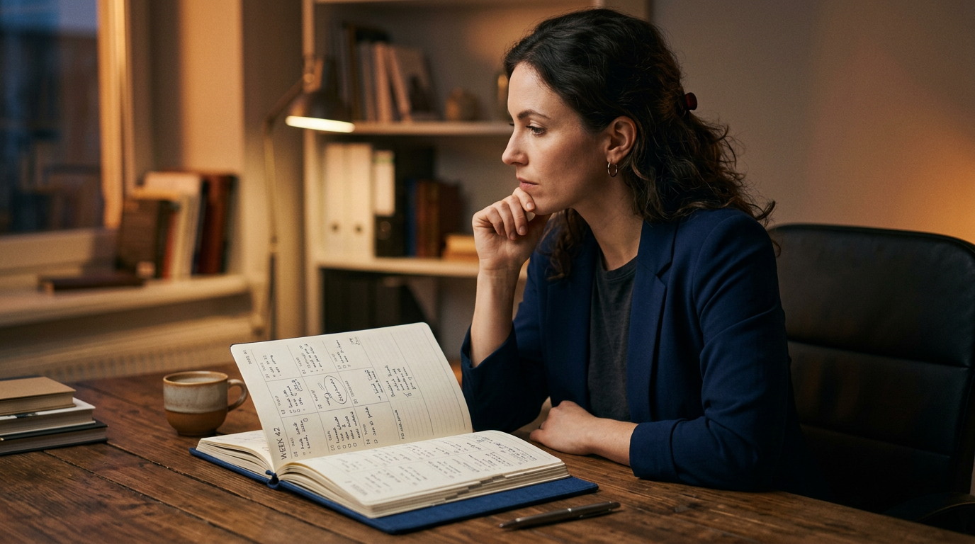 Pessoa em reflexão contemplativa analisando calendário e planejamento semanal