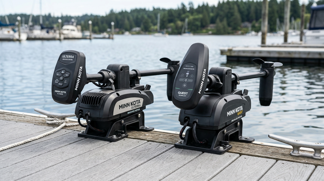 Two Minn Kota Ulterra trolling motors side by side comparing a brushed model and a brushless QUEST model