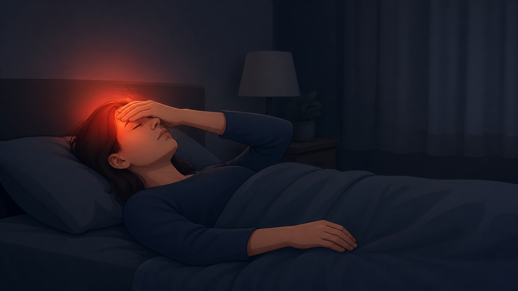 Illustration of a person lying down in a darkened room with a hand over the eyes during a prostrating migraine