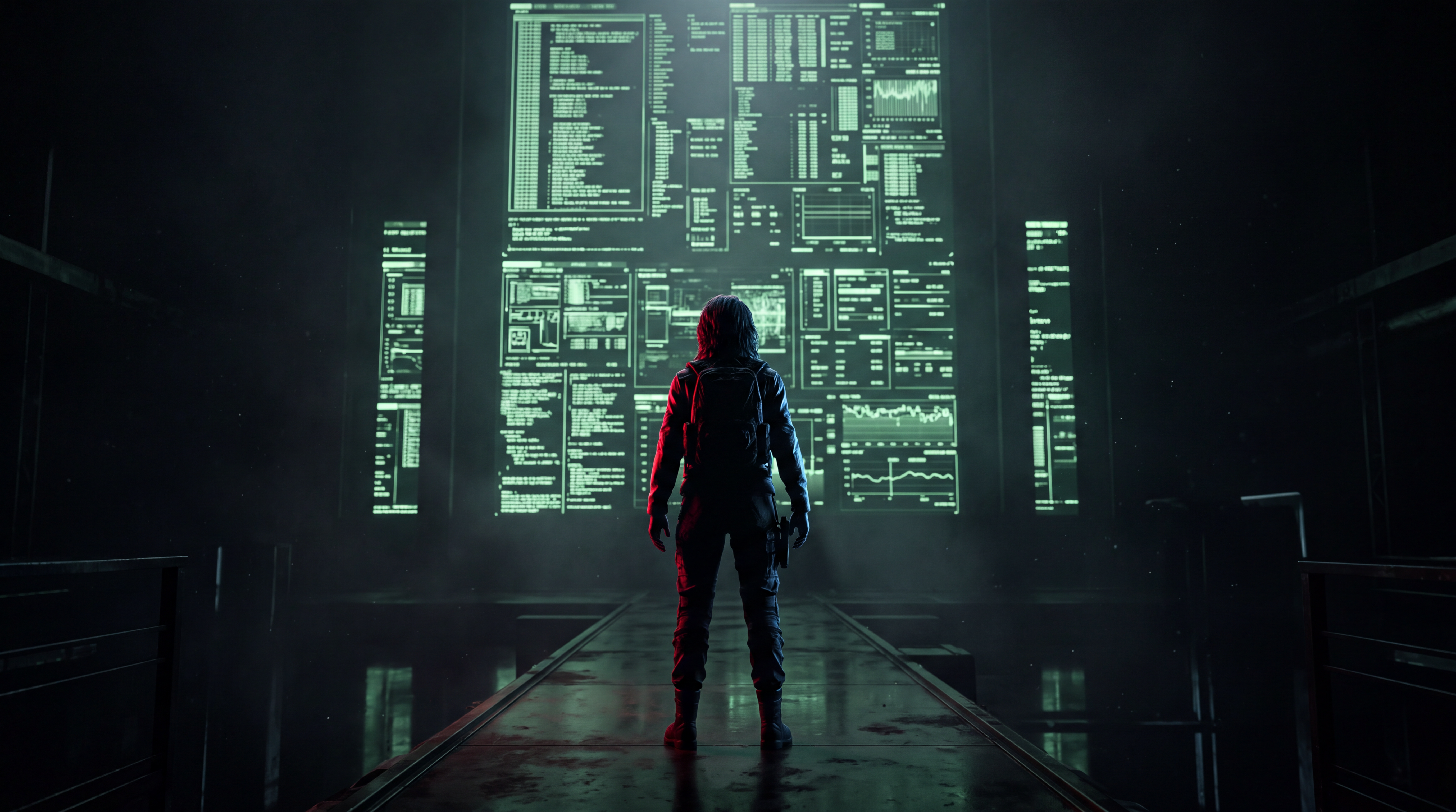 Silhouetted figure before massive glowing screens in a black void
